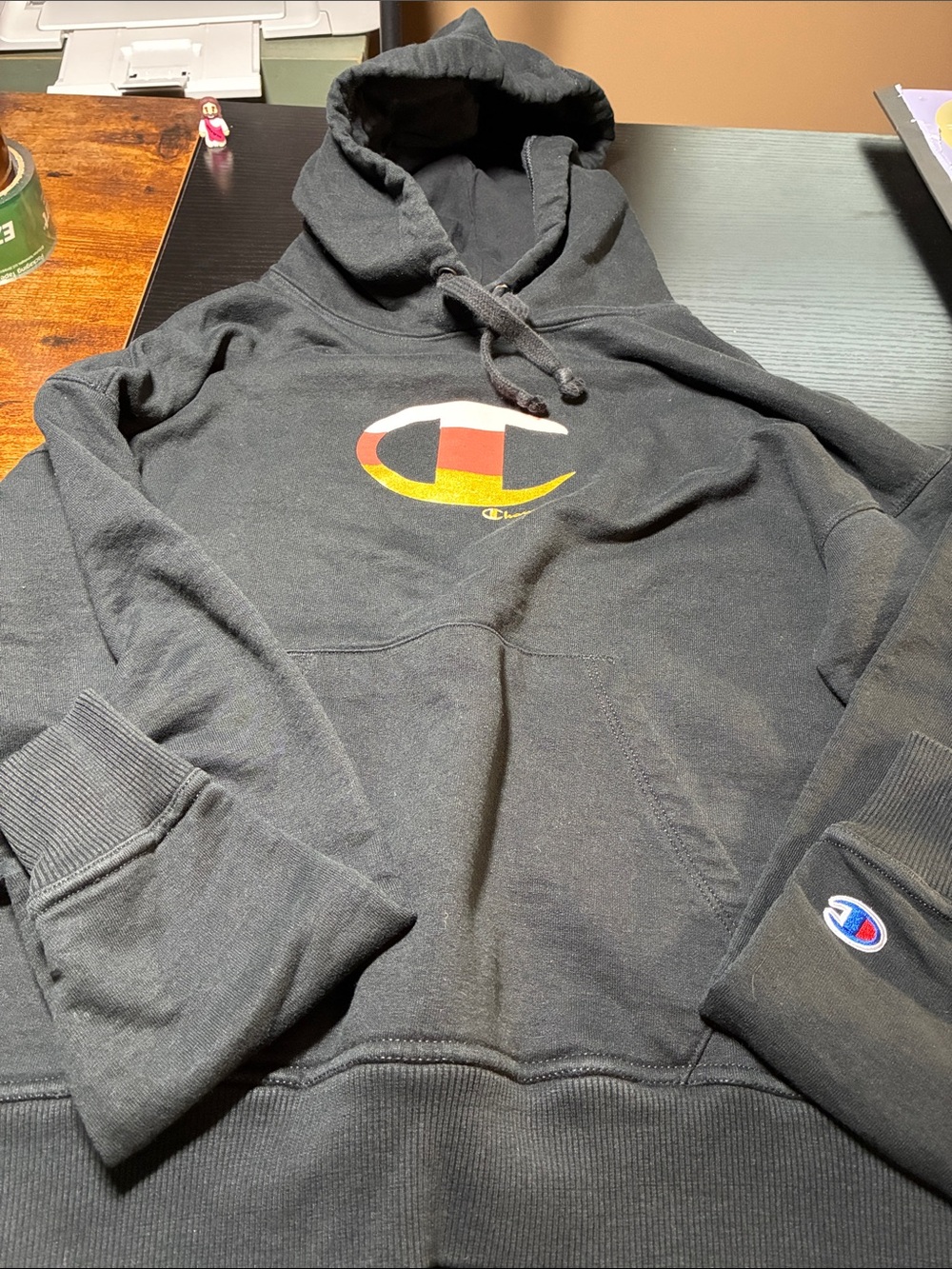 Champion Black Pullover Hoodie with Red & Yellow C Logo